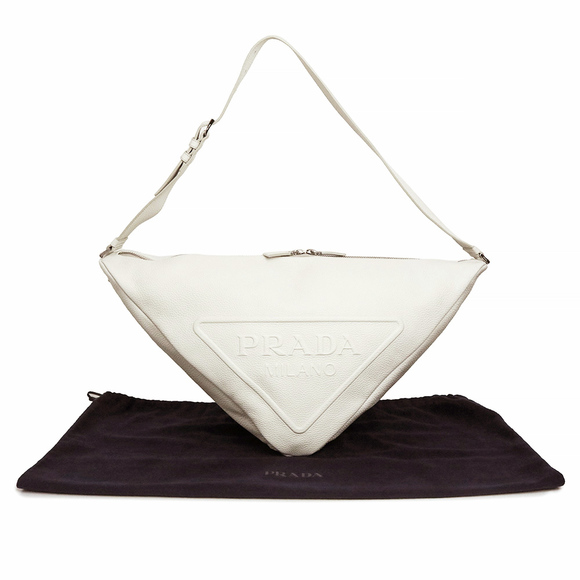 Prada Leather Shoulder Triangle Bag VITELLO DAINO Logo White Off - Picture 1 of 12